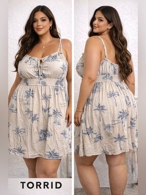 torrid Beige Midi Dress with Blue Tropical Print Accents